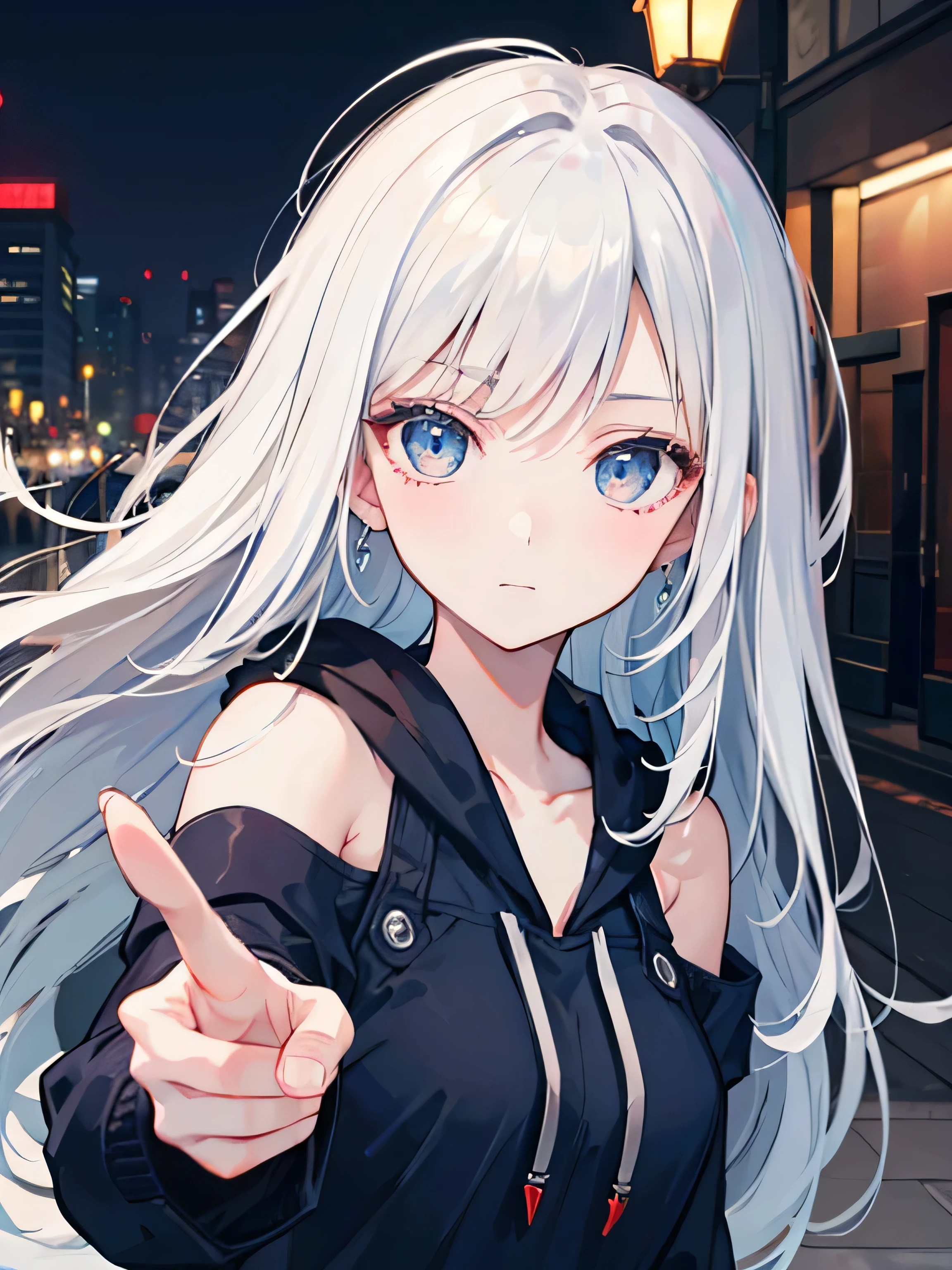 (masterpiece), (best quality), (highest Quality), (Ultra detailed), (highest Resolution), 8K, High definition RAW color art, holographic, anime style, beautiful face, ultra detailed face, beautiful and detailed eyes, Pointing finger to viewer, a teenager lady, patternless hoodie, jeans, off shoulder, (navy eyes:1.2), (white hair:1.2), (long hair:1.2), silky Touch, urban, shadow, night, street