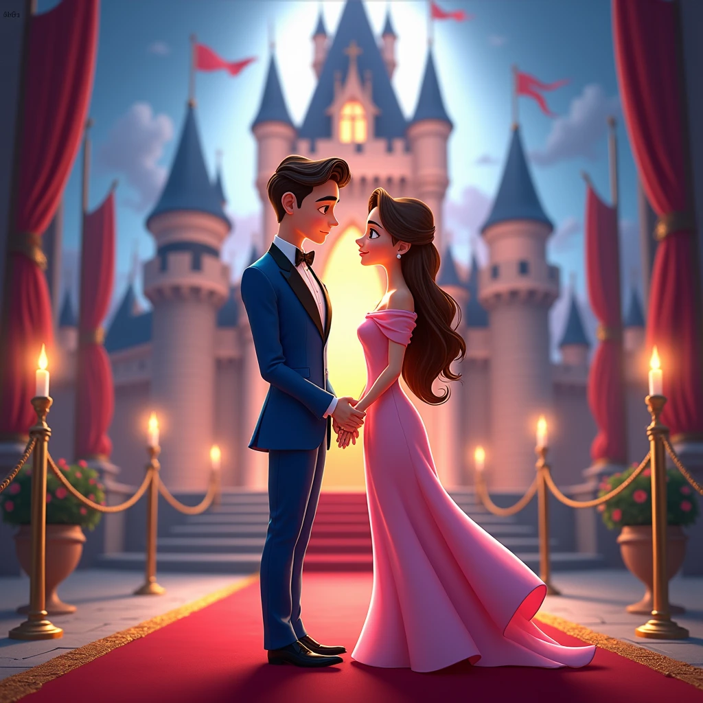 Create a disney couple animated avtar full body image where both are holding each other's hand, wearing blue and pink luxury dress and standing on red carpet , in background the chair of a king with full castle background with flags. Make name visible and clear In background the name "GauravEk ❤️ Sophie" bold and glowing, showing in bold reflection in shadows, place this name just above their head.