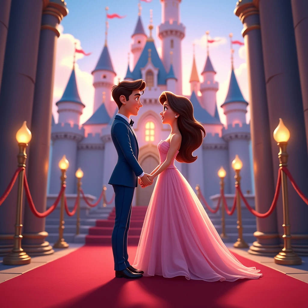 Create a disney couple animated avtar full body image where both are holding each other's hand, wearing blue and pink luxury dress and standing on red carpet , in background the chair of a king with full castle background with flags. Make name visible and clear In background the name "GauravEk ❤️ Sophie" bold and glowing, showing in bold reflection in shadows, place this name just above their head.