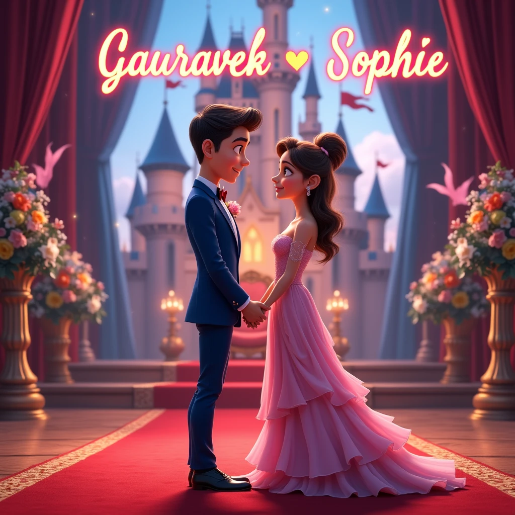 Create a disney couple animated avtar full body image where both are holding each other's hand, wearing blue and pink luxury dress and standing on red carpet , in background the chair of a king with full castle background with flags. Make name visible and clear In background the name "GauravEk ❤️ Sophie" bold and glowing, showing in bold reflection in shadows, place this name just above their head.