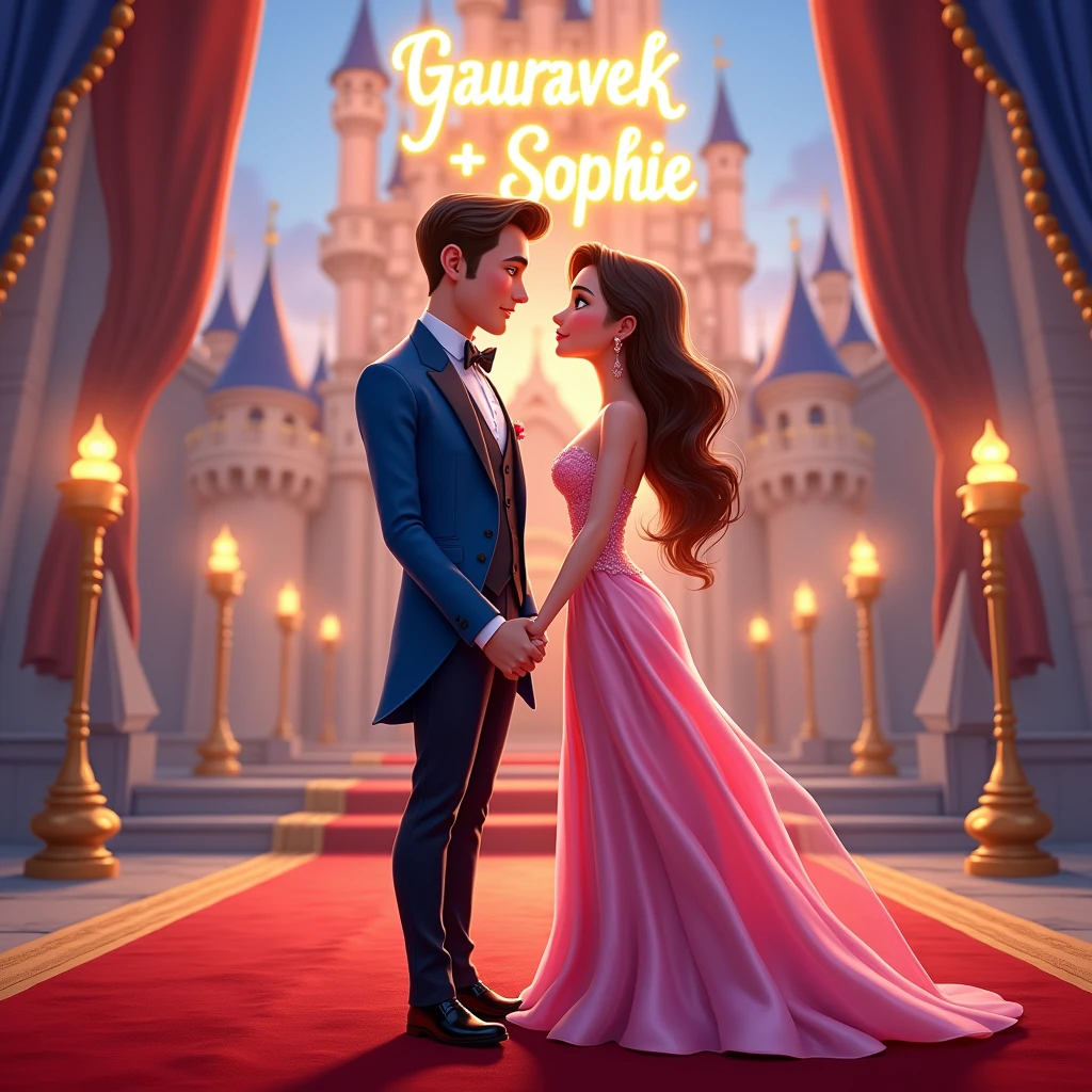 Create a disney couple animated avtar full body image where both are holding each other's hand, wearing blue and pink luxury dress and standing on red carpet , in background the chair of a king with full castle background with flags. Make name visible and clear In background the name "GauravEk ❤️ Sophie" bold and glowing, showing in bold reflection in shadows, place this name just above their head.
