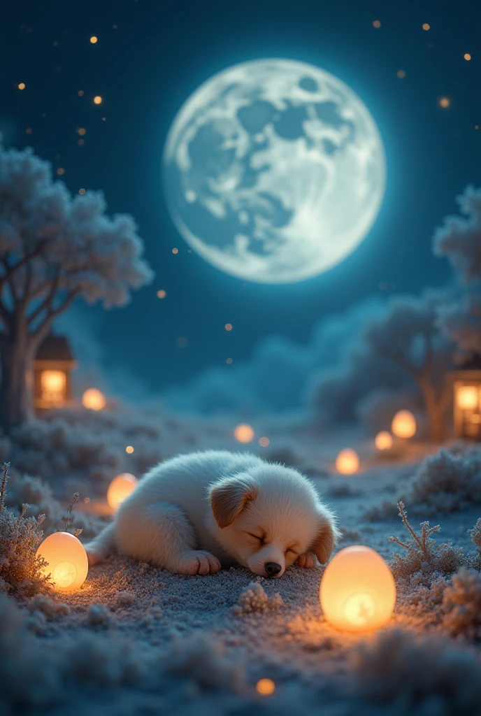 Fantasy sleeping little dog。Soft Touch。Lying down。A big moon with lots of stars around。Lots of lamps。A fantastic atmosphere。