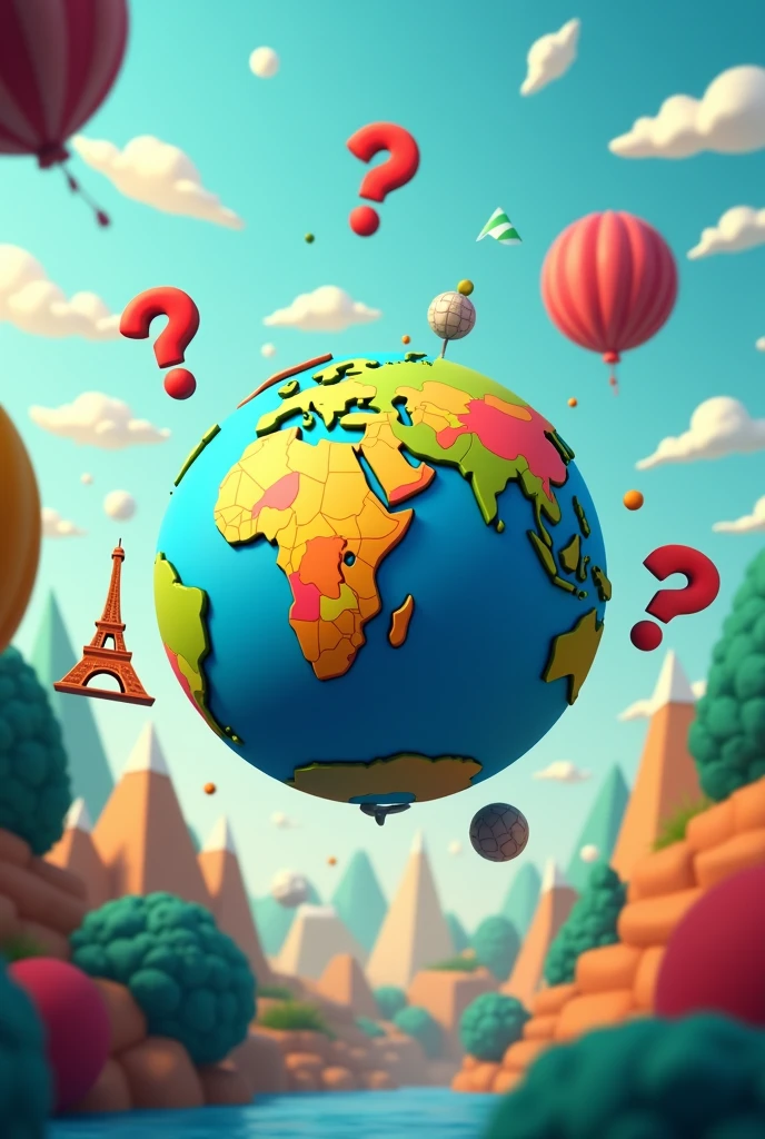 Create a vibrant, eye-catching image for a quiz video about geography. The image should include a large globe at the center, surrounded by various geographical elements like maps, compasses, and landmarks such as the Eiffel Tower, pyramids, and mountains. Add quiz-related symbols like question marks and checkmarks floating around the globe, with a playful, engaging style. Use a color palette with bright and contrasting colors like blue, green, yellow, and red to make it visually appealing and attention-grabbing. The overall vibe should be fun and educational, inviting viewers to participate in the quiz.