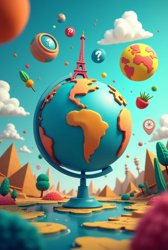 Create a vibrant, eye-catching image for a quiz video about geography. The image should include a large globe at the center, surrounded by various geographical elements like maps, compasses, and landmarks such as the Eiffel Tower, pyramids, and mountains. Add quiz-related symbols like question marks and checkmarks floating around the globe, with a playful, engaging style. Use a color palette with bright and contrasting colors like blue, green, yellow, and red to make it visually appealing and attention-grabbing. The overall vibe should be fun and educational, inviting viewers to participate in the quiz.