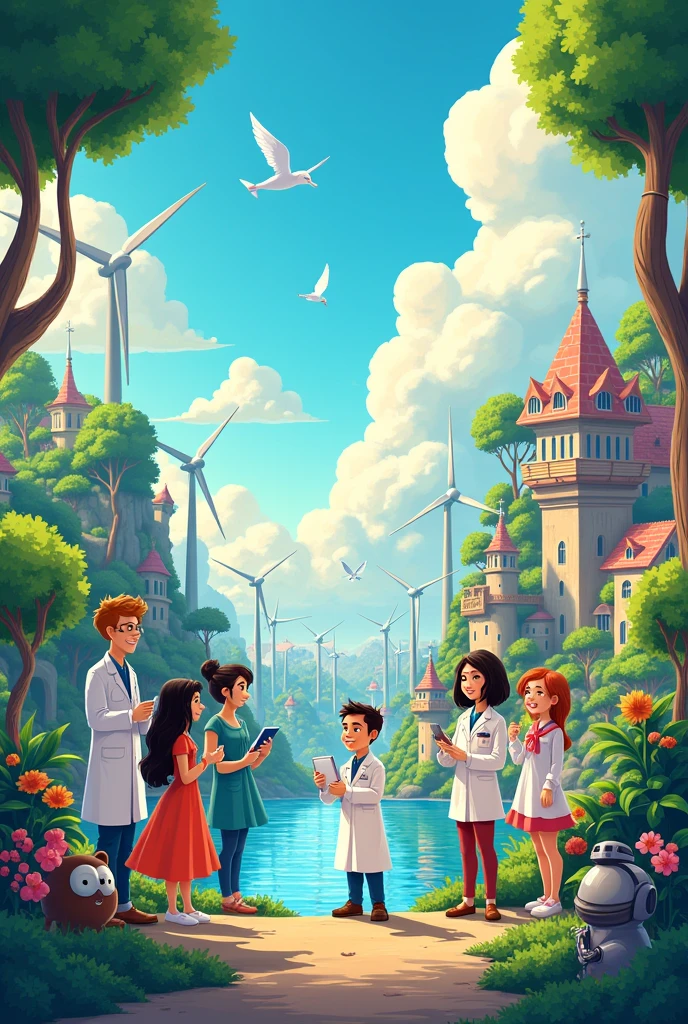Design a vibrant and enchanting poster in a Disney-inspired art style with the theme 'Science, Technology, and Innovation: Partners for a Stable, Comfortable, and Secure Future.' The poster should feature animated, whimsical characters as diverse scientists, engineers, and inventors. Include elements like charming wind turbines, solar panels, and a futuristic, fairytale-like city with eco-friendly architecture. Add friendly robots and magical gadgets that symbolize innovation. Surround the scene with lush greenery, adorable animals, and sparkling clean water to represent environmental sustainability. Use bright, pastel colors, with a fantastical sky, and make sure the overall feel is optimistic, fun, and inspiring, capturing the magical essence of Disney's storytelling."