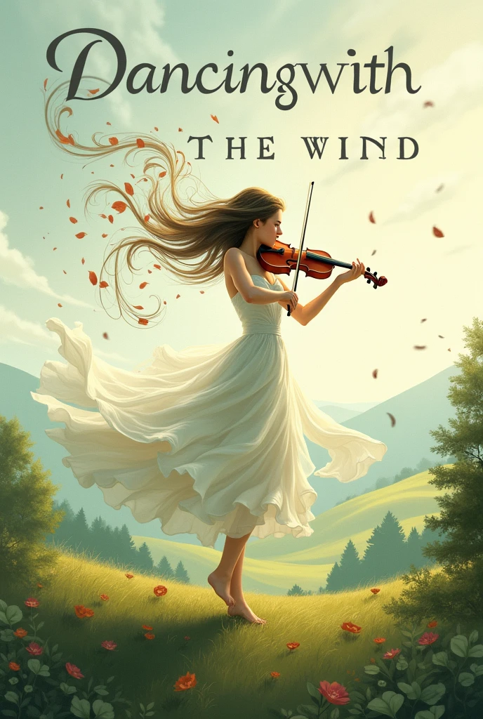 Book cover with the title "dancing with the wind" com lettering, with the illustration of a person playing the violin