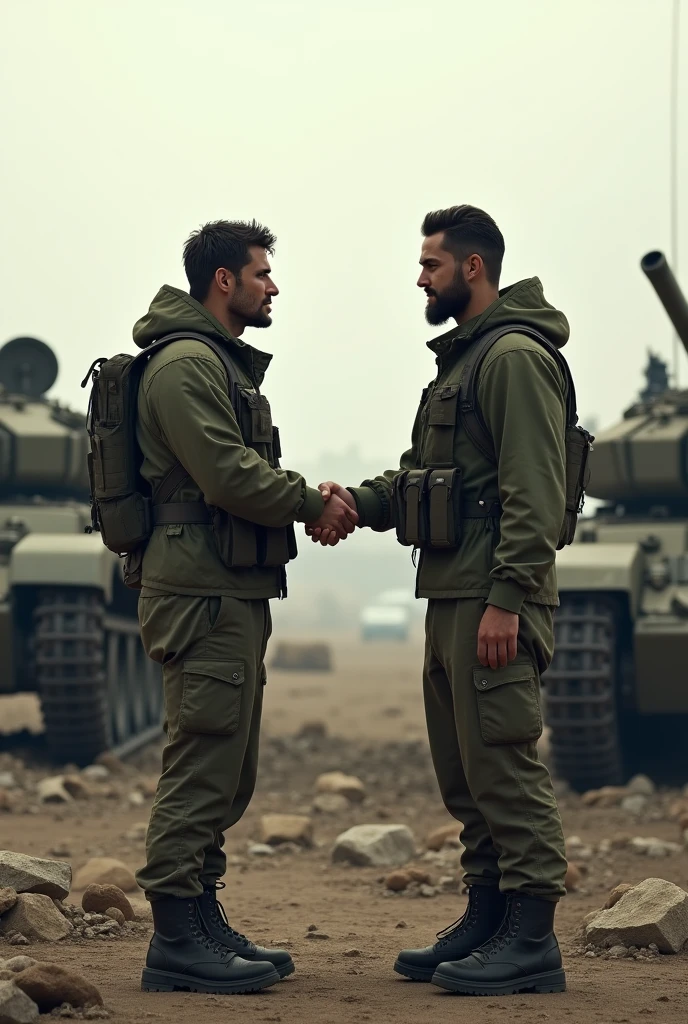 Two great male friends, shaking each other&#39;s hands, with a tank behind each one, representing them, in a destroyed scenario.