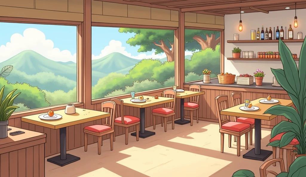 (masterpiece:1.2, Highest quality,Ultra-high resolution,Super detailed),8k,(wallpaper),(Best illustrations:2.0),(chibi restaurant : 2.0),(restaurant ,Very simple design),(isometric illustration) lofi, cozy, Studio ghibli style ,pastel tones, landscape