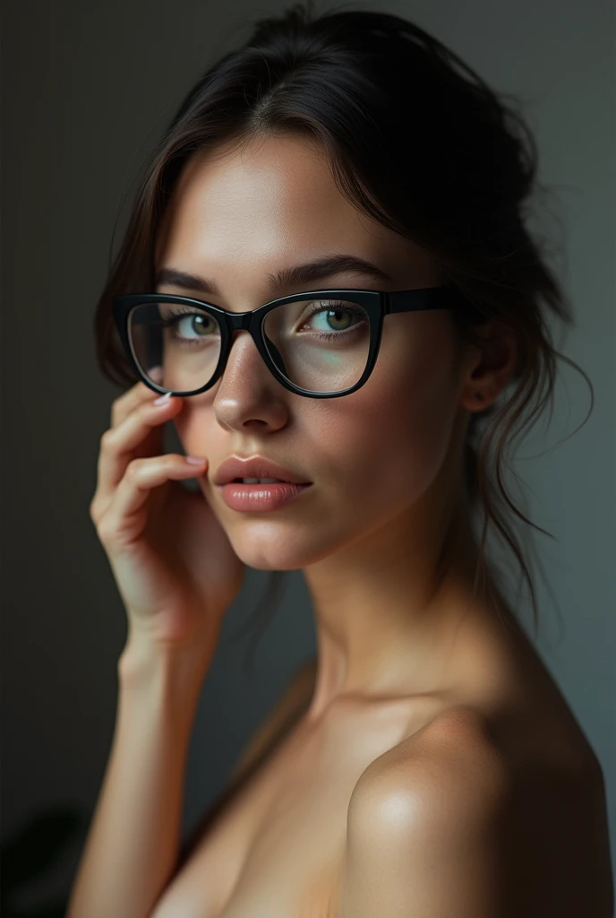 Design a naked young woman with glasses