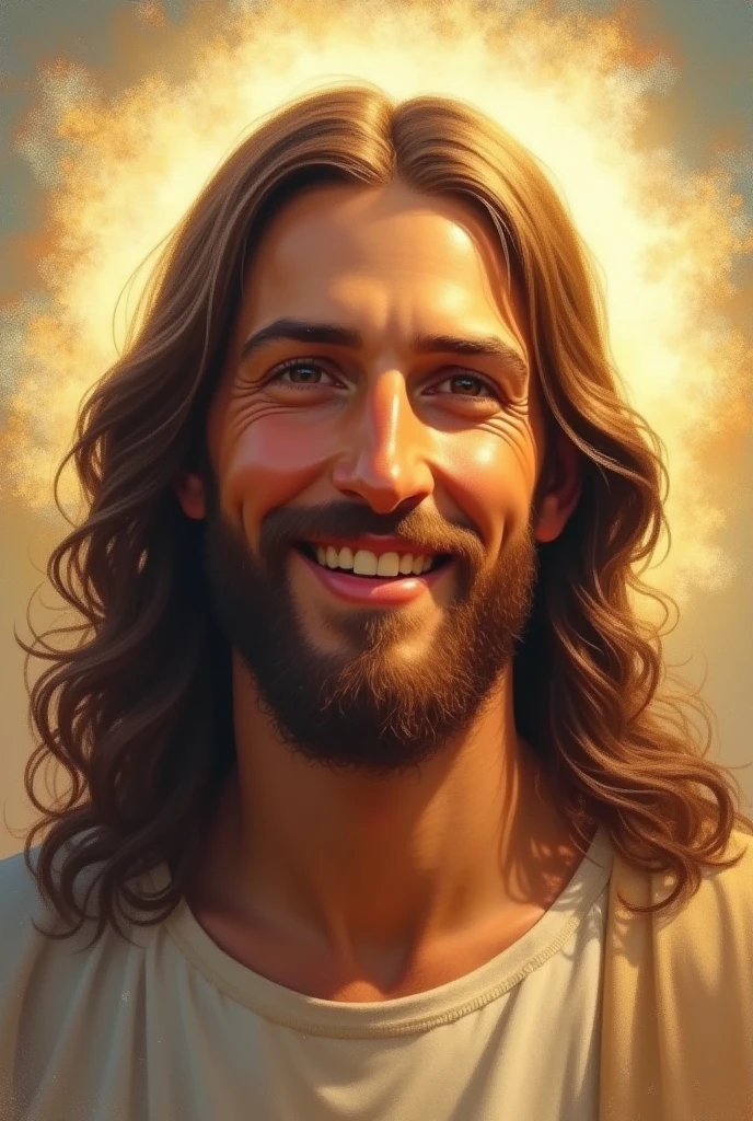 Art painting, impresionism Jesus christ, smile, glowing, backlight,