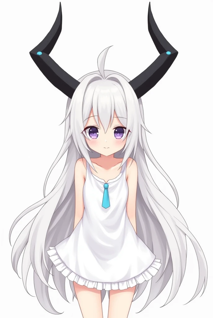 A Japanese anime style girl with long white hair，M-shaped bangs，There are only two black head ornaments on the top of her head that resemble upward arrows.，In the middle of each arrow-shaped headdress there is only one blue round bead dotted in the middle of the arrow.，There is nothing else except two arrow-shaped headdresses.，She has blue eyes，Wearing a short white dress