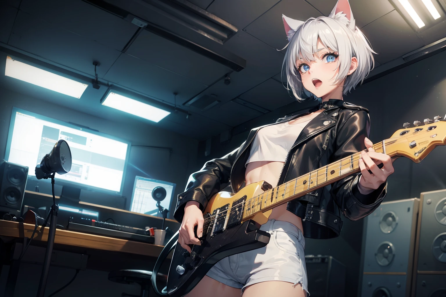 (masterpiece), (best quality), (High quality), high resolution, BREAK expressive eyes, perfect face, 1girl, grey cat ears: 1.5, medium hair, grey hair, pixie cut, BREAK, big eyes, perfect eyes, blue eyes, thick eyelashes, thin eyebrow, tears in eyes BREAK short height, slim bulid, angry:1.3, singing, open mouth, medium breasts, BREAK (leather cropped jacket: 1.4), unzipped, (white cropped tanktop: 1.4), jeans shorts: 1.4, BREAK ((holding electric guitar, playing electric guitar:1.5)), BREAK cowboy shot, view from front, (recording room), 