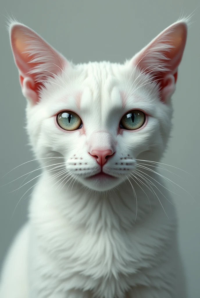 The face of a white cat with its right eye damaged as if it had cataracts 
