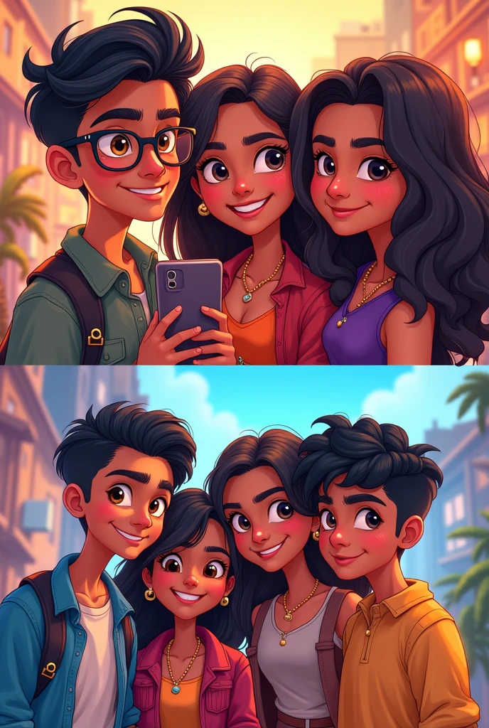 Illustration of four friends 
Malay a boy aspiring inventor who has black hair and wears spectacles 
Latika a girl amateur magician who wore a signature pendent 
Jagriti a girl aspiring chef black eyes
Sahil a boy prankster with curly hair 
Two Illustrations one in which they are taking selfie and another a group photos