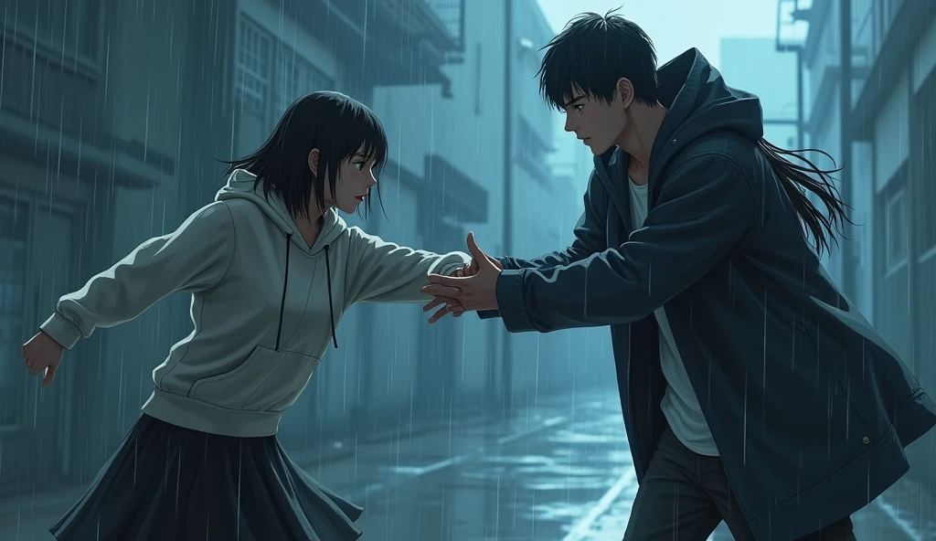 The rain, falling continuously, had tinted the world in shades of azure and the color of tears. She, wearing a hoodie over a white collared shirt and a black skirt, with shoulder-length dark hair, was on the brink of madness, her eyes filled with the sorrowful remnants of the rain.
In that moment, she was about to end the life of the tall, slender young man with short dark hair, wearing a raincoat and a white shirt, who stood motionless. She charged at him so swiftly that he could not evade her, but she suddenly halted as someone’s hand grasped her arm. The person who stopped her had long, dark, straight hair, sharp, piercing eyes, and an alluring presence, dressed in a hoodie over a shirt combining dark and white colors.
