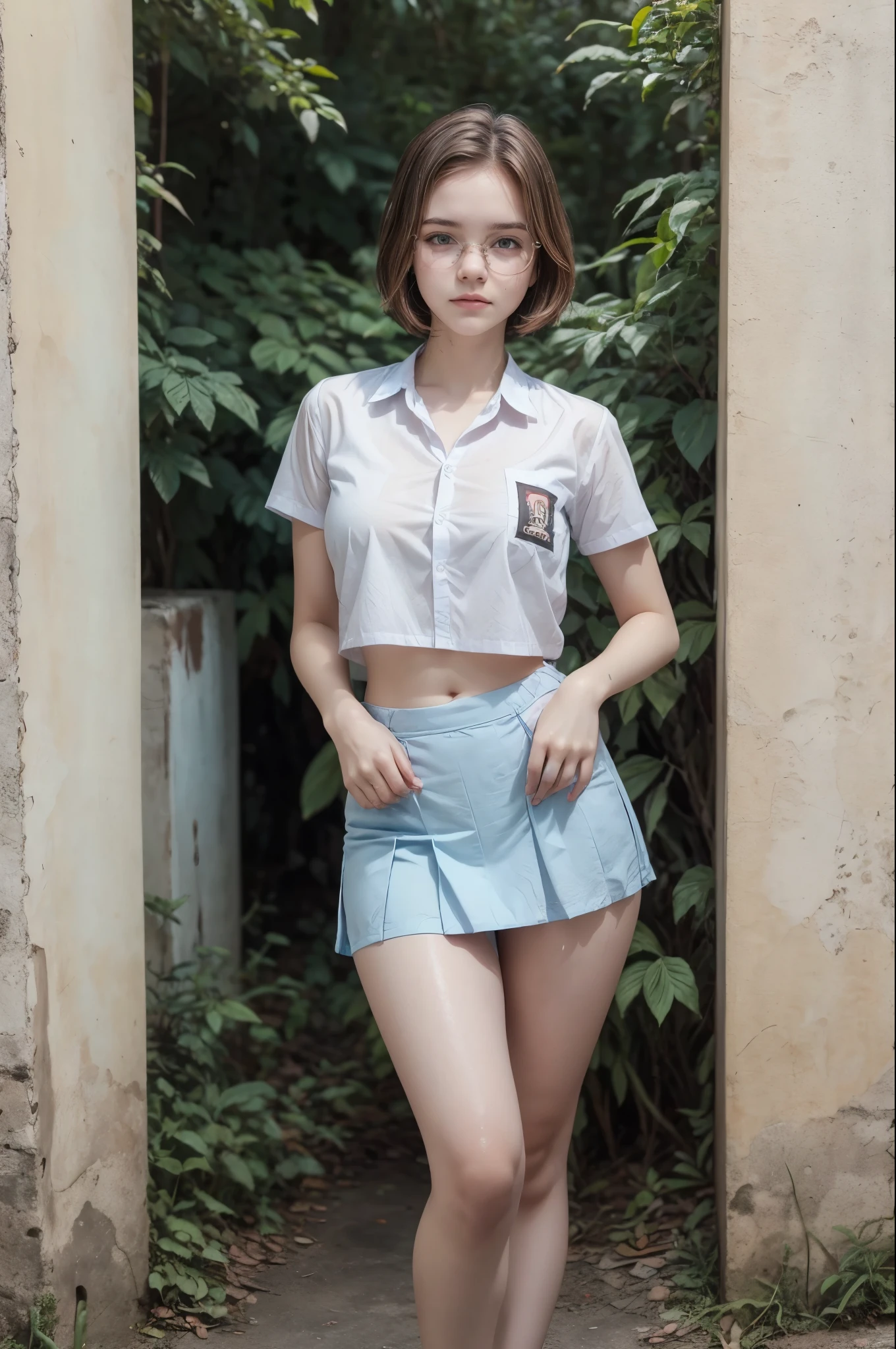 1 girl, (((at park))), (transparent white shirt), (wet shirt), (mini skirt), (pastel blue skirt), RAW photo, (photorealistic:1.37, realistic), highly detailed CG unified 8K wallpapers, 1girl, ((slender body:1)), (small breasts:1.3), looking at viewer, ((straight from front)), (HQ skin:1.2), (clean skin:1.2), 8k uhd, dslr, soft lighting, high quality, film grain, Fujifilm XT3, (full body:0.8) , tokyolagii , (bold glasses), full body in, perfect body, two legs, long legs, naval, (wide waist:1.2), (big tigh:1.3), crop top, (cleavage:0.7), sad, blushing, short hair, Barbara Palvin, school backyard, againts a cement wall, plants