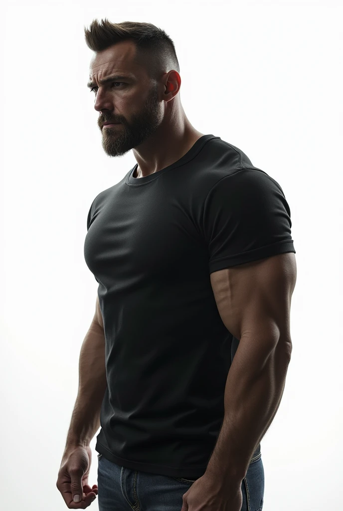 GTA STYLE,masculine,close-side-shot, 3/4 pose, muscular, tight t-shirt, white background, medium contrast,crime and danger、Tension and suspense、Reflections on the avant-garde and the low ebb、evocative composition。(Best quality at best, 4K, 8K, A high resolution, masterpiece), ultra - detailed, (actual,realisticl styling, Photorealistic:1.37)