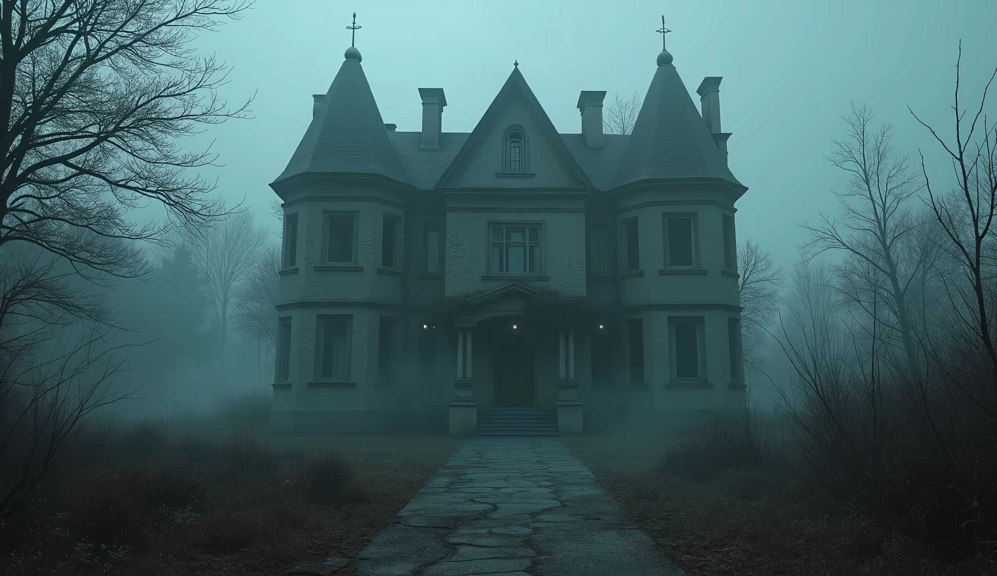 Show a scenic view of an old, abandoned mansion surrounded by overgrown plants and a spooky atmosphere. Use fog and eerie lighting to set the mood.