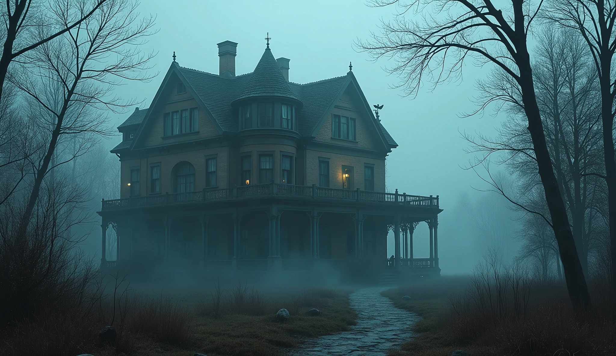 Show a scenic view of an old, abandoned mansion surrounded by overgrown plants and a spooky atmosphere. Use fog and eerie lighting to set the mood.