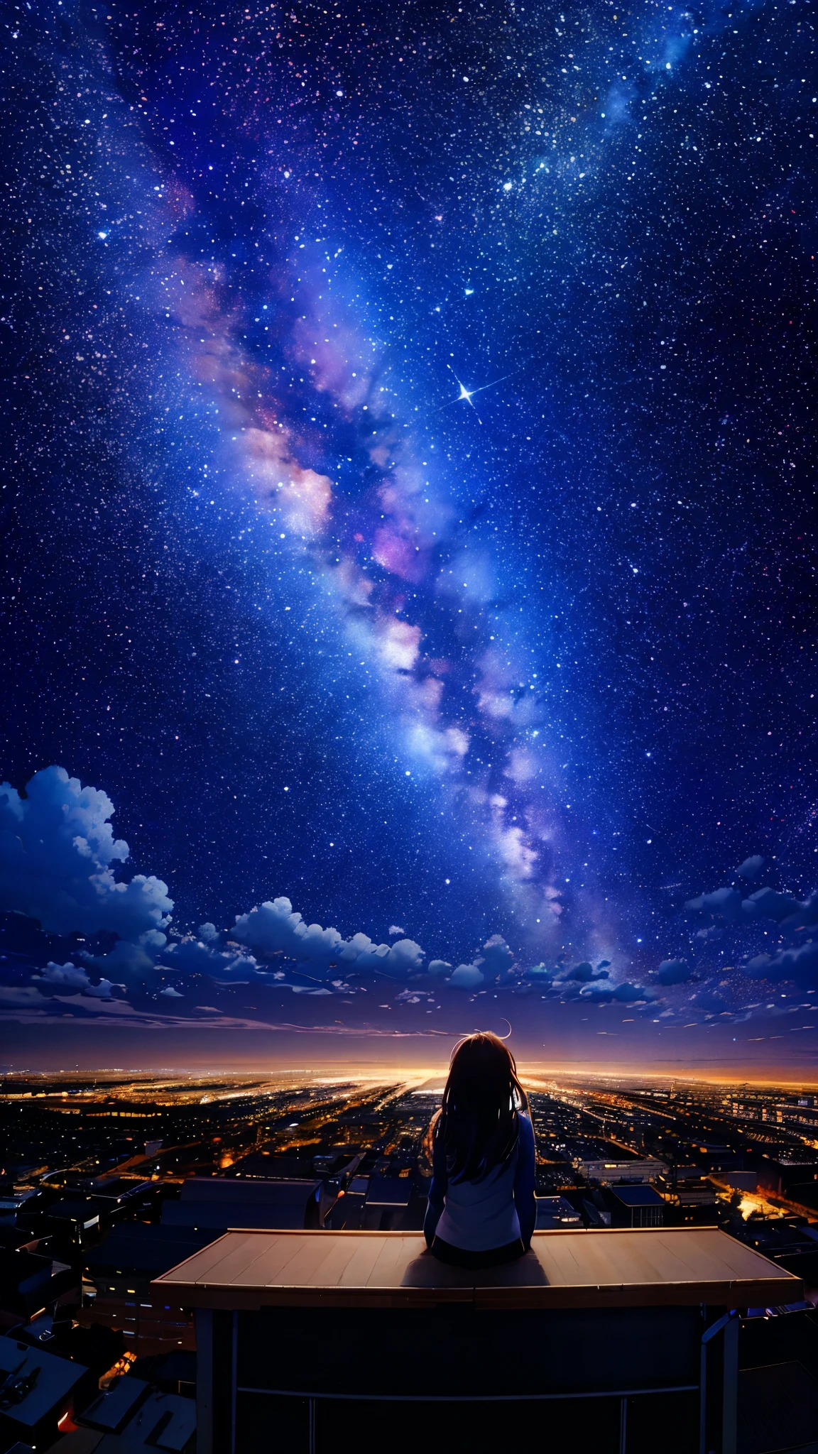 octans, sky, star (sky), scenery, starry sky, night, 1girl, night sky, solo, outdoors, building, cloud, milky way, sitting, tree, long hair, city, silhouette, cityscape