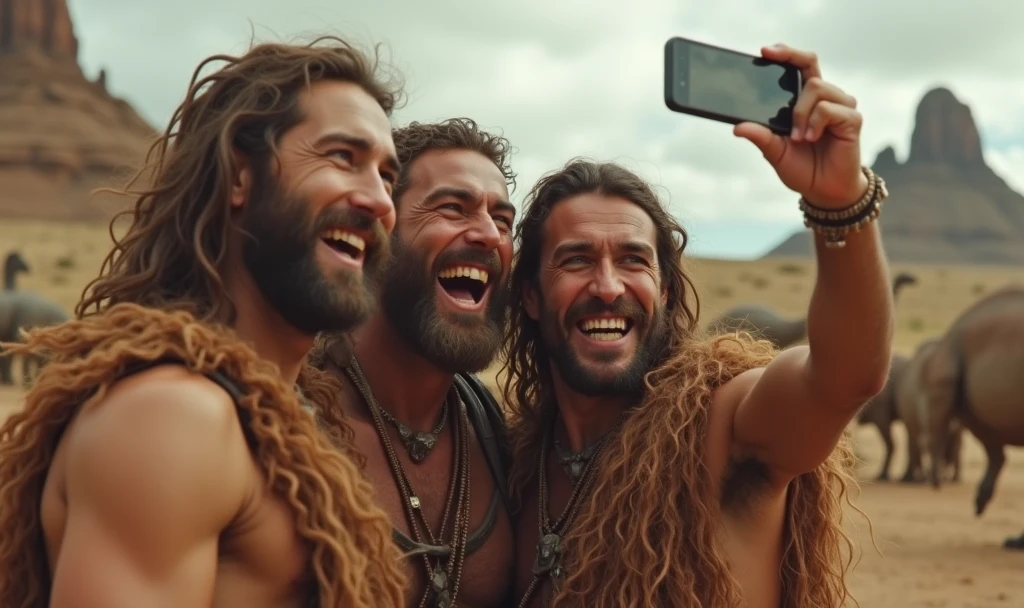 group of cavemen friends 100 years ago.000 years ago, holding a smartphone and taking a selfie, dinosaurs in the background, iphone-15