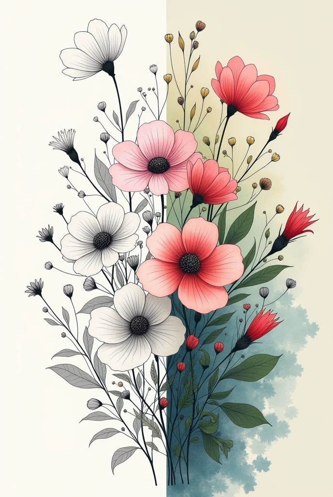 Create an illustration divided into two halves: the left half with flowers in a linear style, as if they were hand-drawn with clear outlines and fine details but in black and white; the right half with the same flowers, but in a painted style, full of vibrant colors and soft textures. The transition between the two halves should be smooth and harmonious
