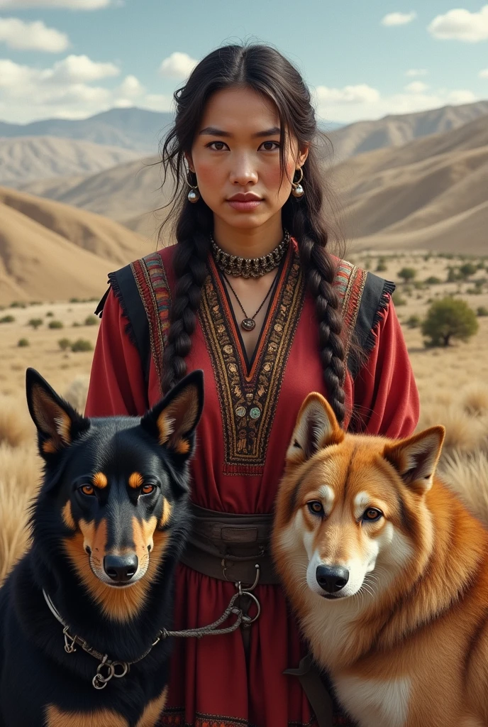 Mongolian woman  with 2 dog