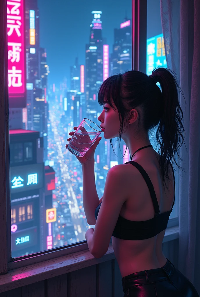 ((Highly detailed anime art)),Woman drinking water while looking down at the city,Room overlooking the sprawling city,Inorganic room,Neon Signs,sf,colorful,Decadent,Slam,cyber punk,Disorderly Building,((masterpiece, Highest quality, Extremely detailed CG, unity 8k wallpaper )),(masterpiece, Highest quality, Highest quality, Official Art, beautiful),Very vivid,High-precision images,Ultra-high resolution,Great art,Poster Art,Impressive photos,Impressive art,beautiful顔,Perfect Face