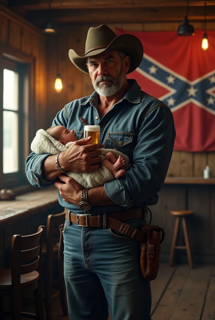A hyperrealistic image of a rugged man standing inside a classic Texan bar. The man is dressed in traditional Southern American attire, wearing a cowboy hat, a denim shirt, and leather boots. He has a short, well-kept beard and a tough Texan rancher look. In one hand, he is holding a large beer mug, and in the other hand, he is gently holding a newborn baby. The Confederate flag in background