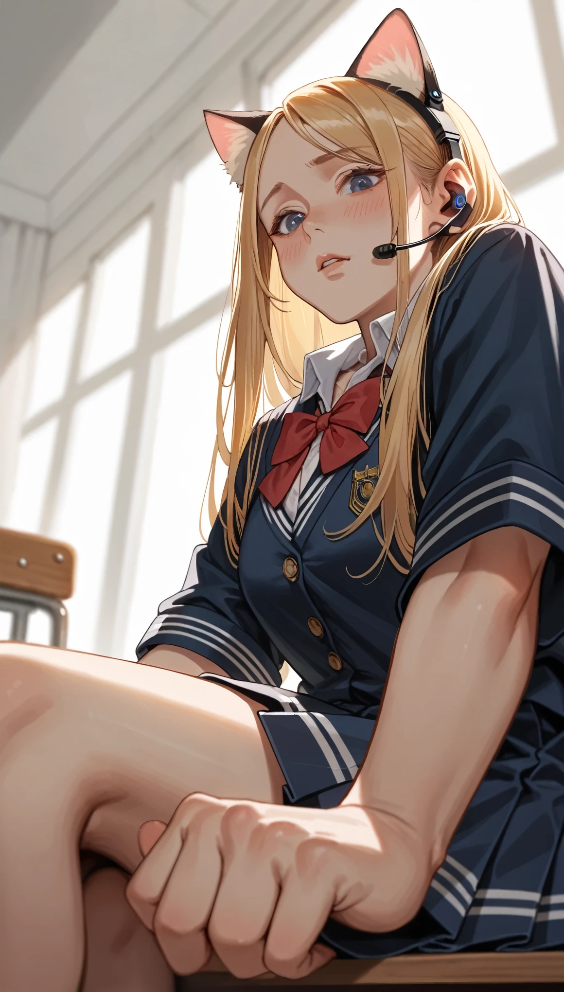 Sitting, High resolution, Long Hair, chest, Blushing, Blonde, Cat ear, Blurred, earphone, school uniform, (from below:1.2)