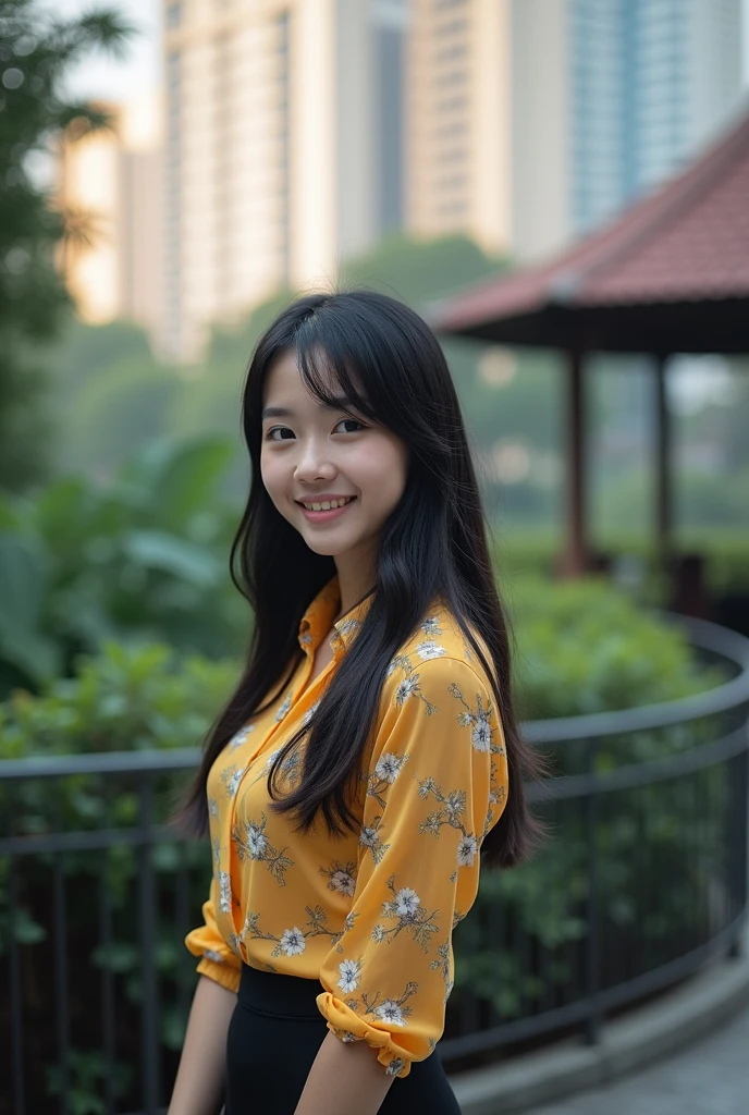 A beautiful asian and young girl.Her facial features are exquisite and fully conform to the golden ratio of human anatomy...Her long,straight long black hair, Big breasts, huge chest, fat body,  beautiful scenery,  big breasts, big, big , busty , big breast,  big , wearing a sexy sheer summer floral yellow blouse long sleeves top, skirt, sexy pose ,  big breasts , big breasts,  huge , full body shot, thick body, stilettos pump white  heels straps, beautiful smile 