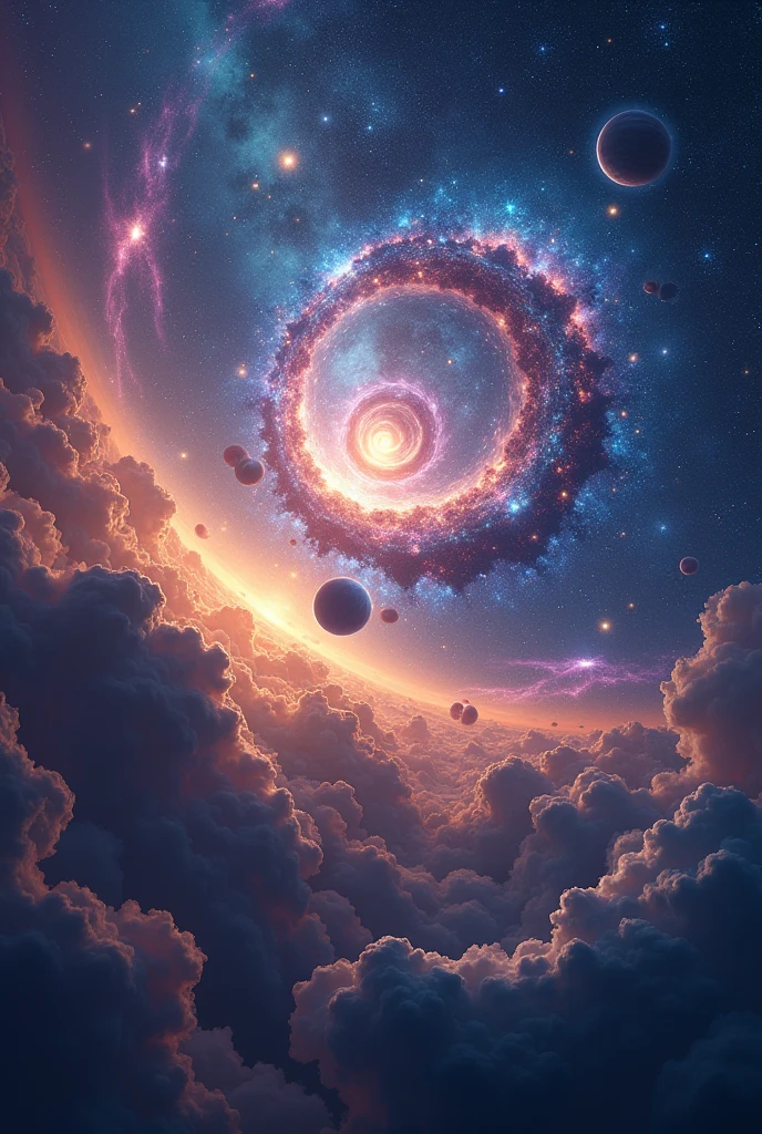 Show a large galaxy with many colorful stars and planets