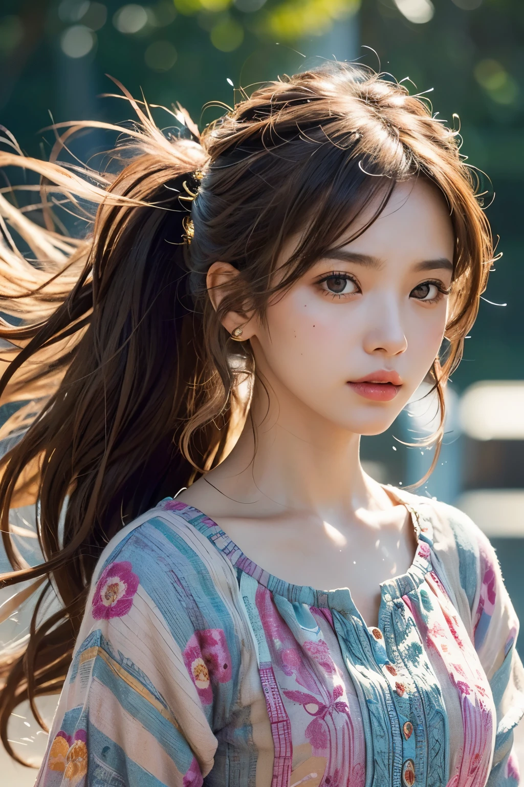 (masterpiece), (best quality), (ultra detailed), (disheveled hair), (illustration), (1girl), (bohemian chic clothing), standing, fashion model, looking at viewer, (interview), (simple background), beautiful detailed eyes, delicate beautiful face, floating, (high saturation), (colorful splashes), colorful bubble, (shining), focus on face, messy ponytail, golden brown hair, hairpins, floating feathers, (shining), best lighting, best shadow, shot with a Canon EOS R5.