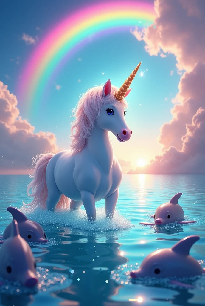 A unicorn with dolphins and a rainbow 