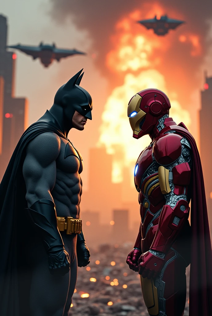 Batman vs Ironman face off. Make explosion and alines behind.