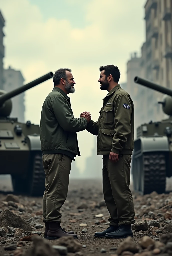 Two great male friends, shaking each other's hands, with a tank behind each one, representing them, in a destroyed scenario.
Make images in banner format