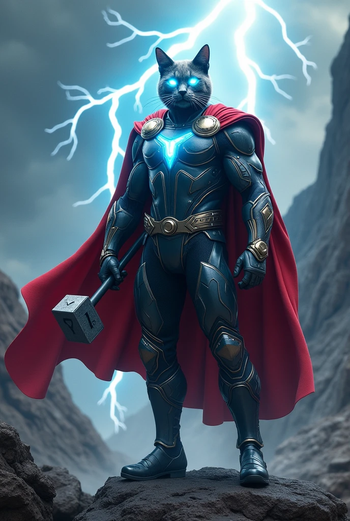 *Scene 8: Catfarmer Becomes Thorcat**
- The Catfarmer transforms into Thorcat, now wearing a superhero-like suit with Norse-style armor, a flowing red cape, and holding Mjolnir confidently. His eyes glow blue with power.