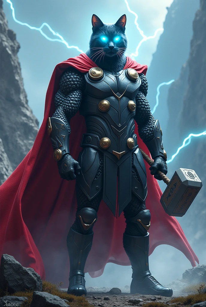 *Scene 8: Catfarmer Becomes Thorcat**
   - The Catfarmer transforms into Thorcat, now wearing a superhero-like suit with Norse-style armor, a flowing red cape, and holding Mjolnir confidently. His eyes glow blue with power.