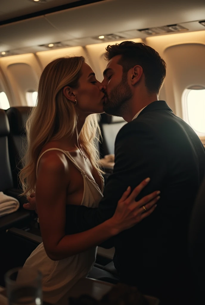Cinematic action scene for romantic modern novel where MALEFICENT DANICA an elegant woman in her 30s, sitting comfortably in a business class airplane seat. She has a relaxed demeanor, dressed in a stylish and elegant casual dress for travel. Her blonde or light brown hair is (((loose))) and styled. She wears minimal, sophisticated jewelry and has a natural makeup look that enhances her features. She kissing PEYGAN SINCLAIR. Near to her sitting PEYGAN SINCLAIR, a handsome man in his early 30s. He has a well-styled haircut featuring a classic look. His hair is medium-length with a slight wave, adding volume and texture, while the sides and back appear shorter and neatly trimmed. The hairstyle is likely achieved with a side part, giving it a clean, refined appearance. His beard and mustache that complements his strong jawline. His skin tone is fair, and his features are sharp and defined. His facial expression is a little scared. He dressed in casual outfit. Around them, the business class cabin features plush seating, ample legroom, and small details like a folded blanket, a pillow, and a glass of water on the side table. The atmosphere is one of comfort and luxury, typical of a premium airline experience. Cinematic action scene, highly detailed, wide shot, Low Angle Shot, 4K, highly detailed, epic scene, dynamic scene. The Priest stands between the bride and groom, reciting vows. The lighting in the scene creates a soft outline and adding drama and depth to the image.