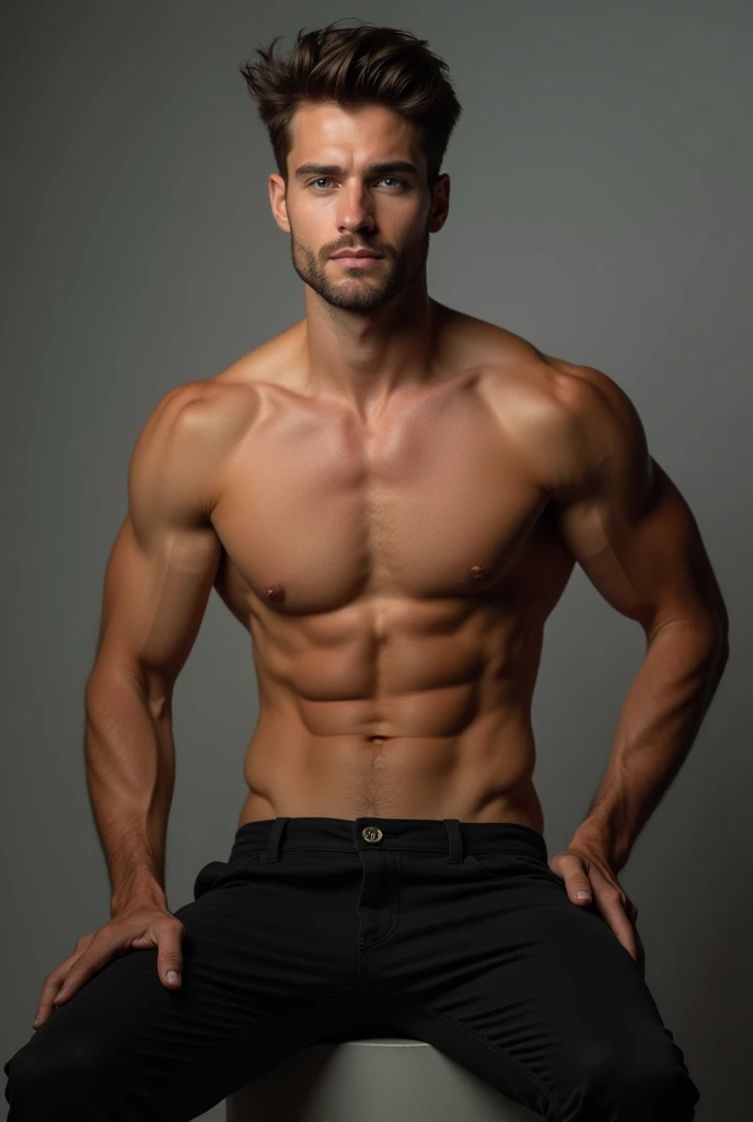 a young and handsome man in his 20s sitting facing forward with his legs half open wearing very tight pants, and for which reason, the crotch (very big) very marked