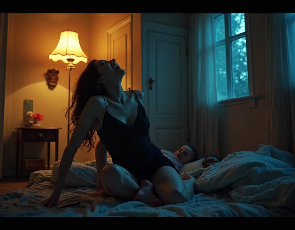edward hopper style, very large dark room at night, light streaming through the window, woman sitting on edge of bed