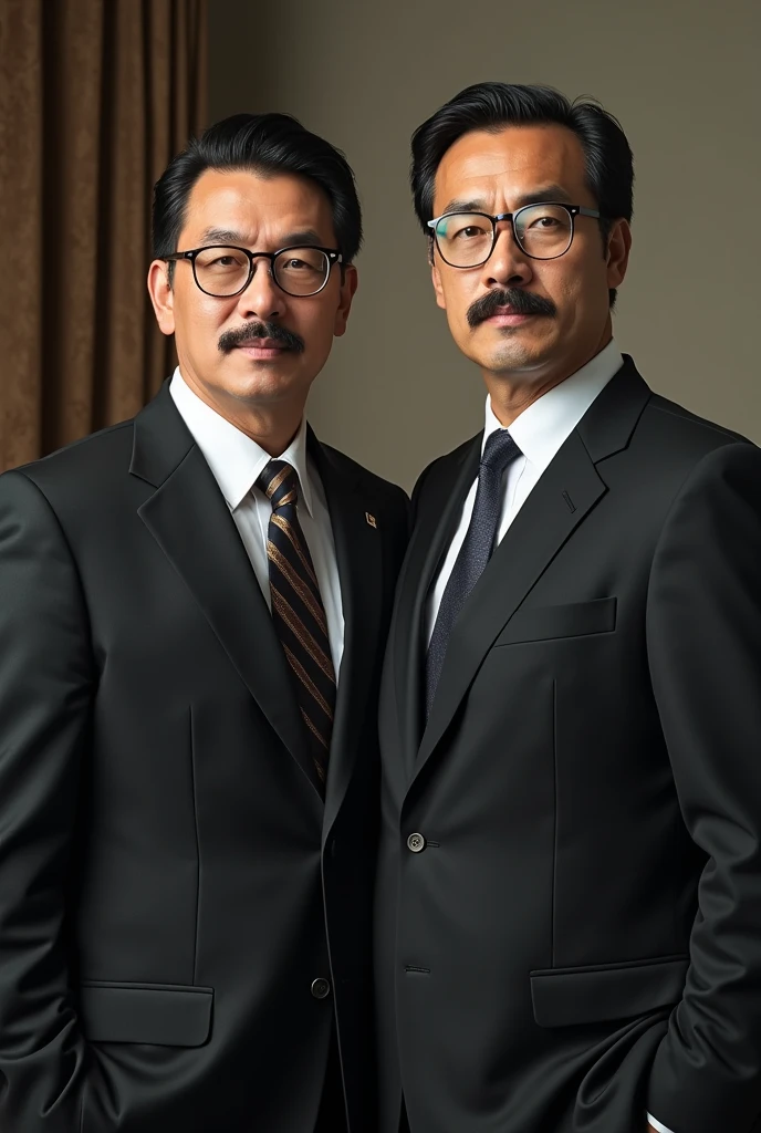 2 white man 1 meter eighty tall, straight black hair with a mustache and a suit and glasses 