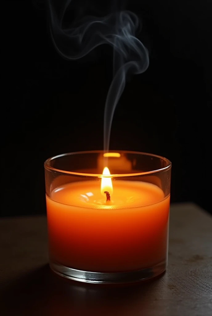 Make a recently extinguished candle in a low, wide glass container with orange wax. The candle wick is still releasing a small trail of smoke, and the wax looks semi-melted. The glass container is transparent, showing the bright orange wax inside. the background is dark, creating a strong contrast that highlights the warmth of the wax light and the subtle smoke rising from the wick and there is no lit flame just the thread and the smoke"