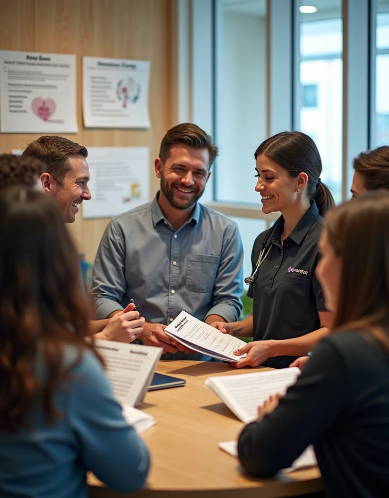 A professional and realistic image highlighting the social guarantees and benefits available to fulfillment center employees. The scene features a bright, welcoming office or break room where employees are interacting with HR representatives or reviewing benefit materials. Visual elements include posters or brochures outlining key benefits such as health insurance, paid vacation, retirement plans, and wellness programs. The workers are diverse, appearing content and engaged, symbolizing the company’s dedication to providing comprehensive support and security. The overall atmosphere is positive and encouraging, reflecting the company's strong commitment to its employees' welfare.