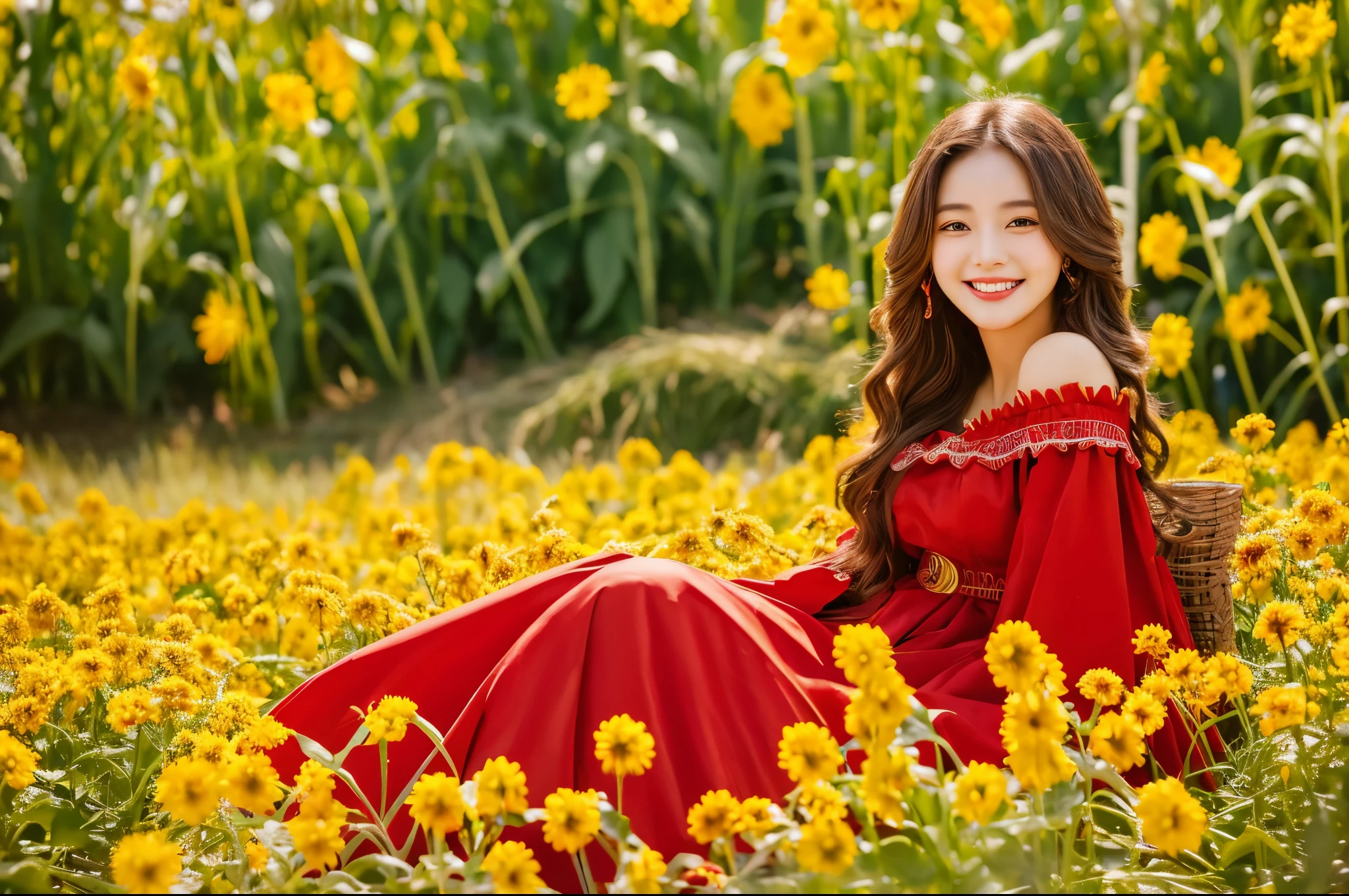 Highest quality masterpiece detailed A very beautiful woman is smiling and wearing red clothes sitting in a sunflower field Photo style Dramatic Production Fantasy