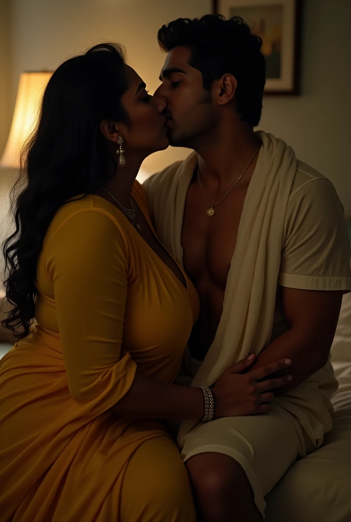 photo of Fat and Curvy Indian Mature Aunty, Dusky Skin, Wearing Tight Yellow Kurti with Thin White Stole around her Head, Large U Cut Cleavage Exposed, Hair Tied behind, Sitting on Bed, Kissing a Slim Young BOY Sensually, Dim light in the room.