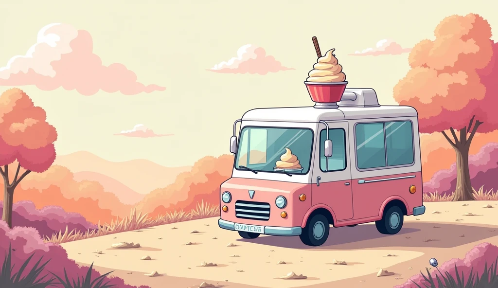 (masterpiece:1.2, Highest quality,Ultra-high resolution,Super detailed),8k,(wallpaper),(Best illustrations:2.0),(chibi Ice cream truck : 2.0),(Ice cream truck ,Very simple design),(isometric illustration) lofi, cozy, Studio ghibli style ,pastel tones, landscape
