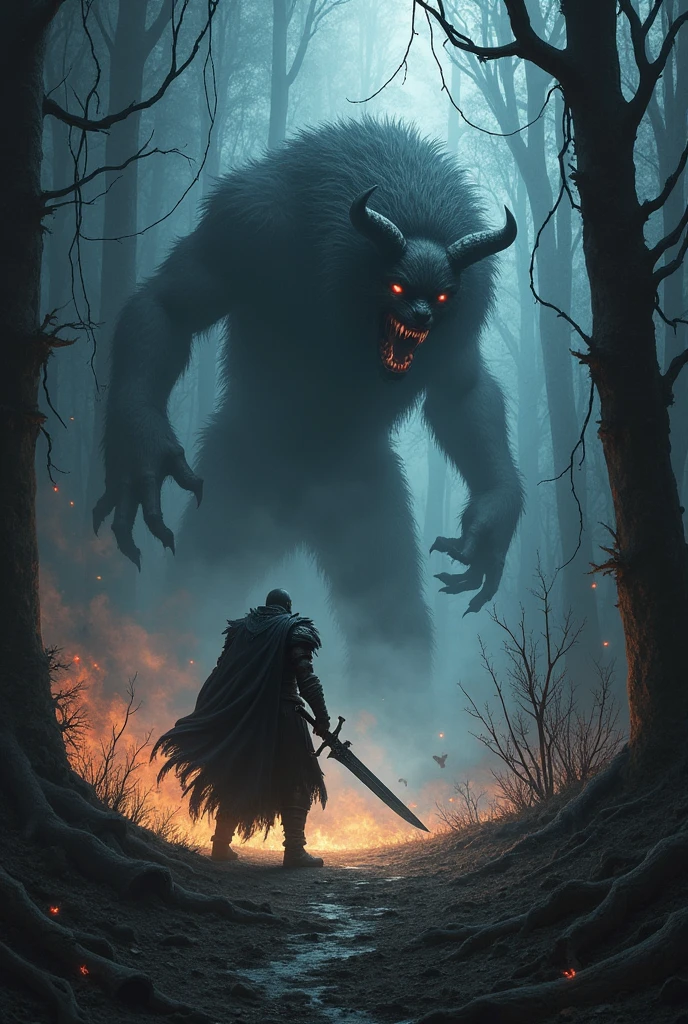 un guerrier tue un monstre des tenebres dans une foret noire, il fait nuit noir, ambiance effrayante peur