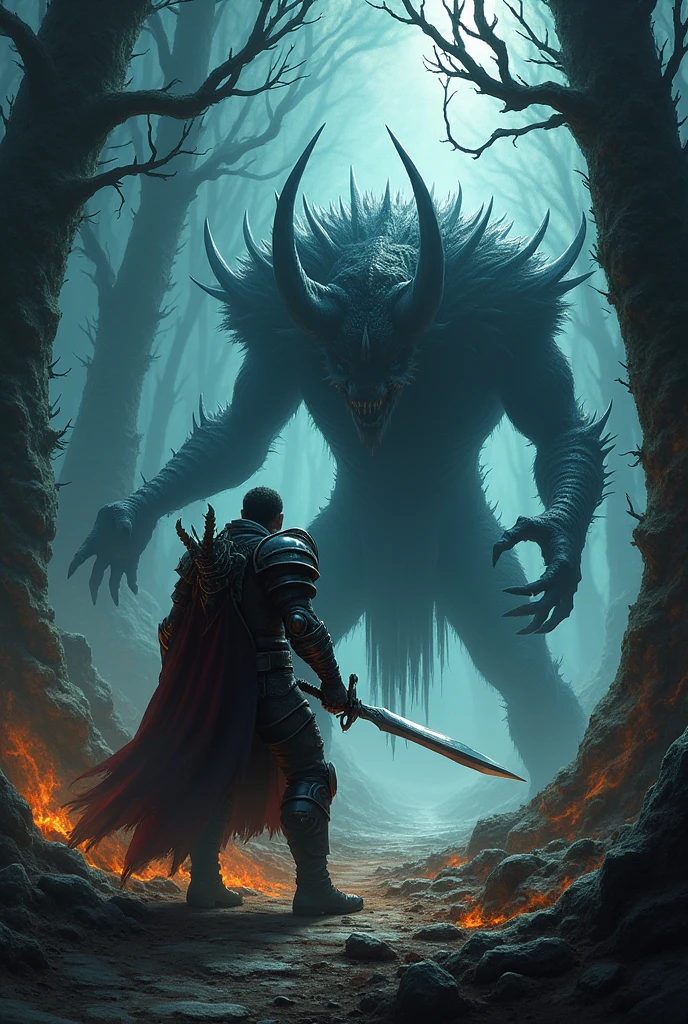 un guerrier tue un monstre des tenebres dans une foret noire, il fait nuit noir, ambiance effrayante peur