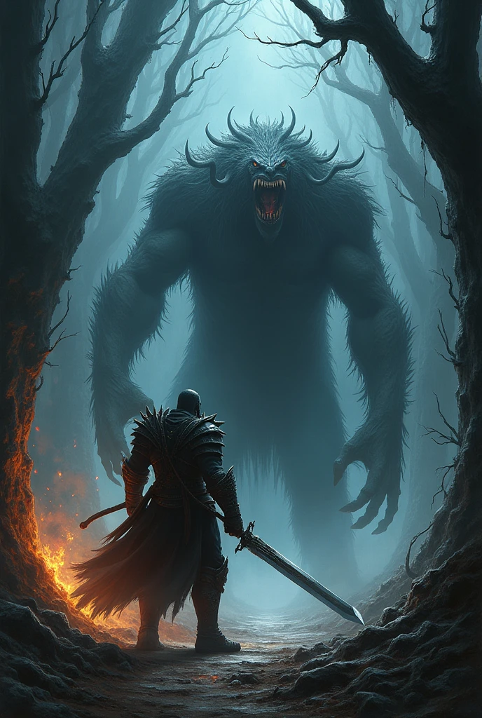 un guerrier tue un monstre des tenebres dans une foret noire, il fait nuit noir, ambiance effrayante peur